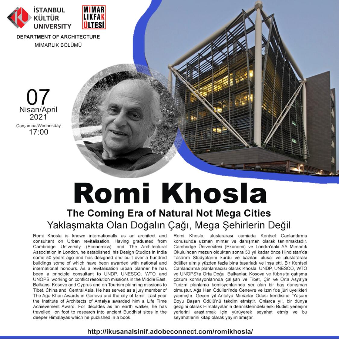 Yaşam Boyu Başarı Ödülü Sahibi Ünlü Mimar Romi Khosla, İKÜ Mimarlık Bölümü'nün Konuğu Olacak